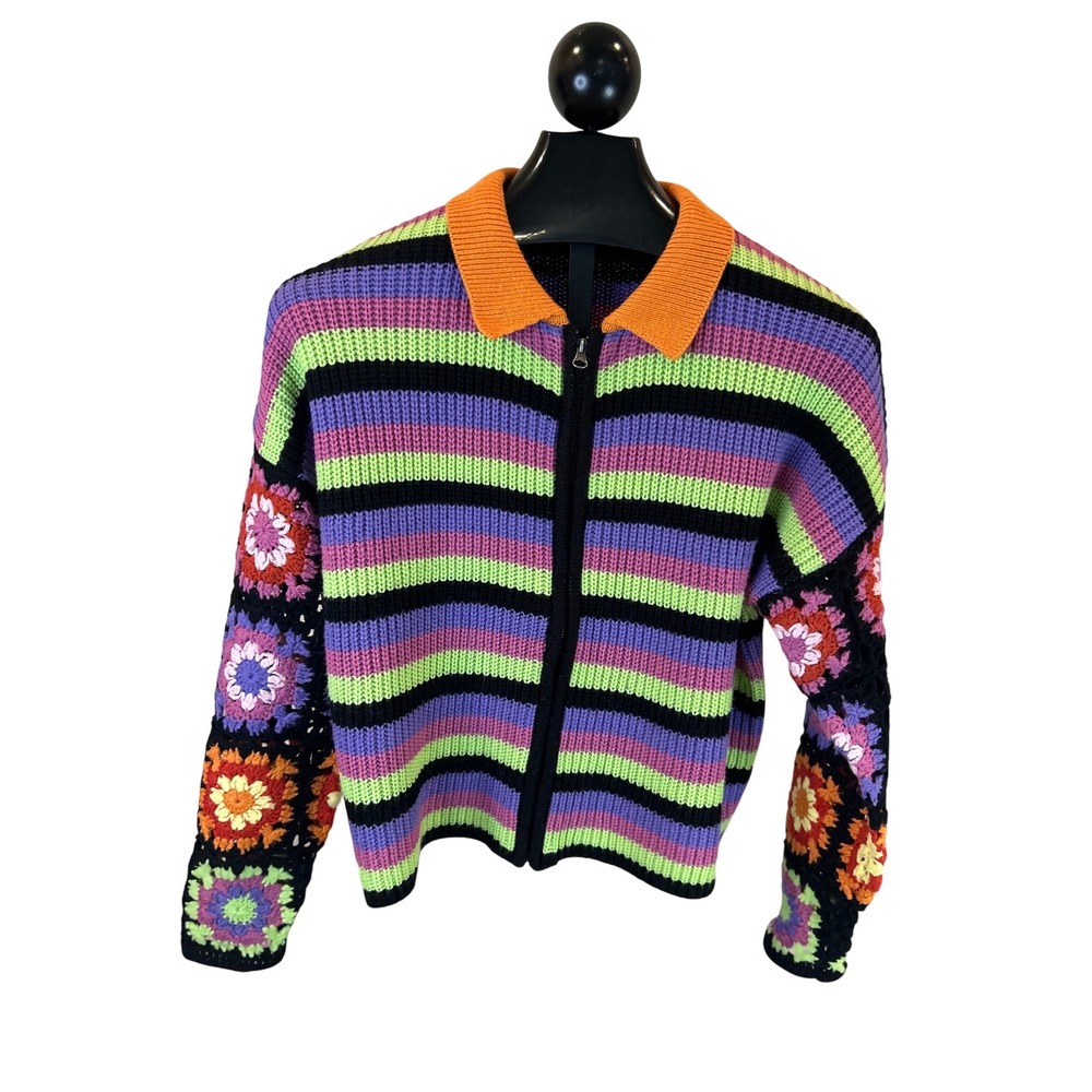 Forever 21‎ Granny Square Crochet Floral Sleeve Cardigan Sweater M Y2K